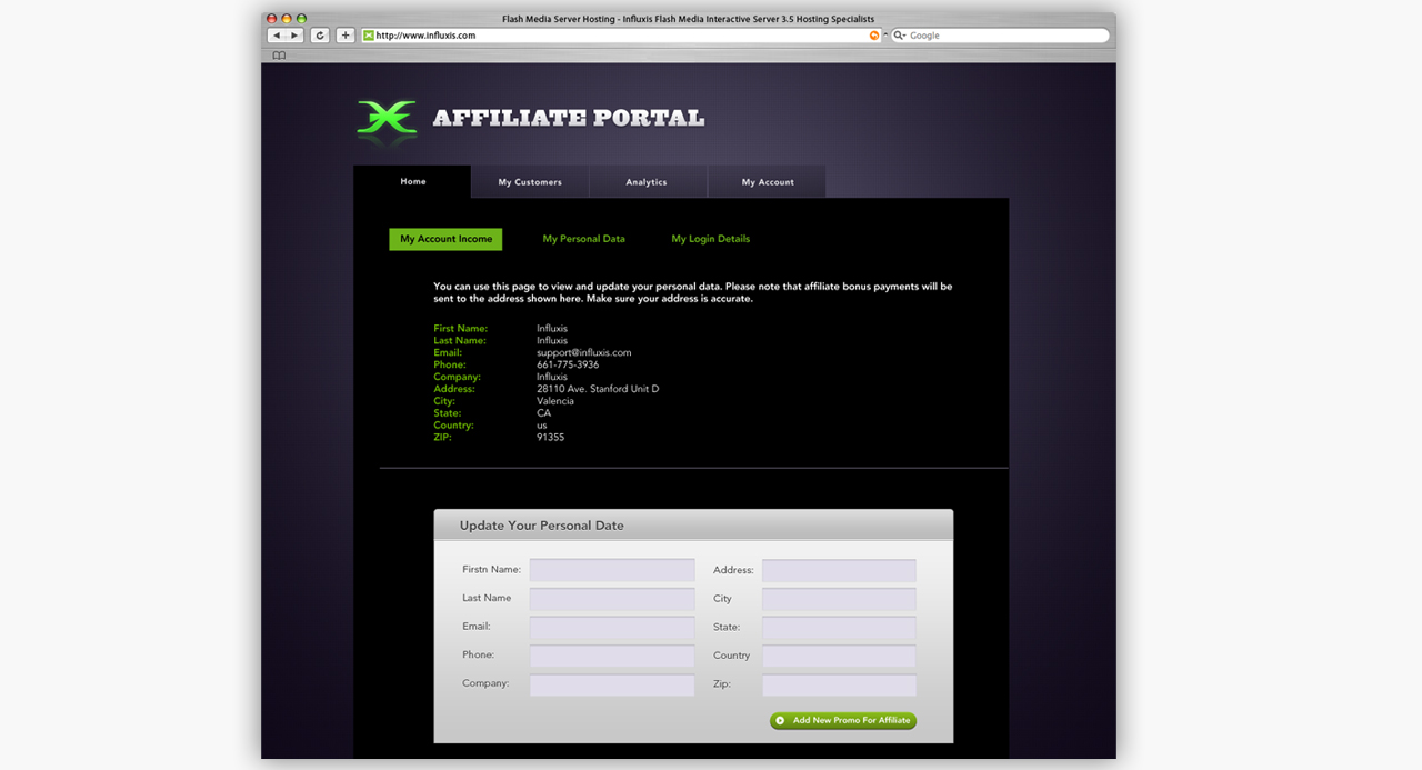 Influxis Affiliate Portal